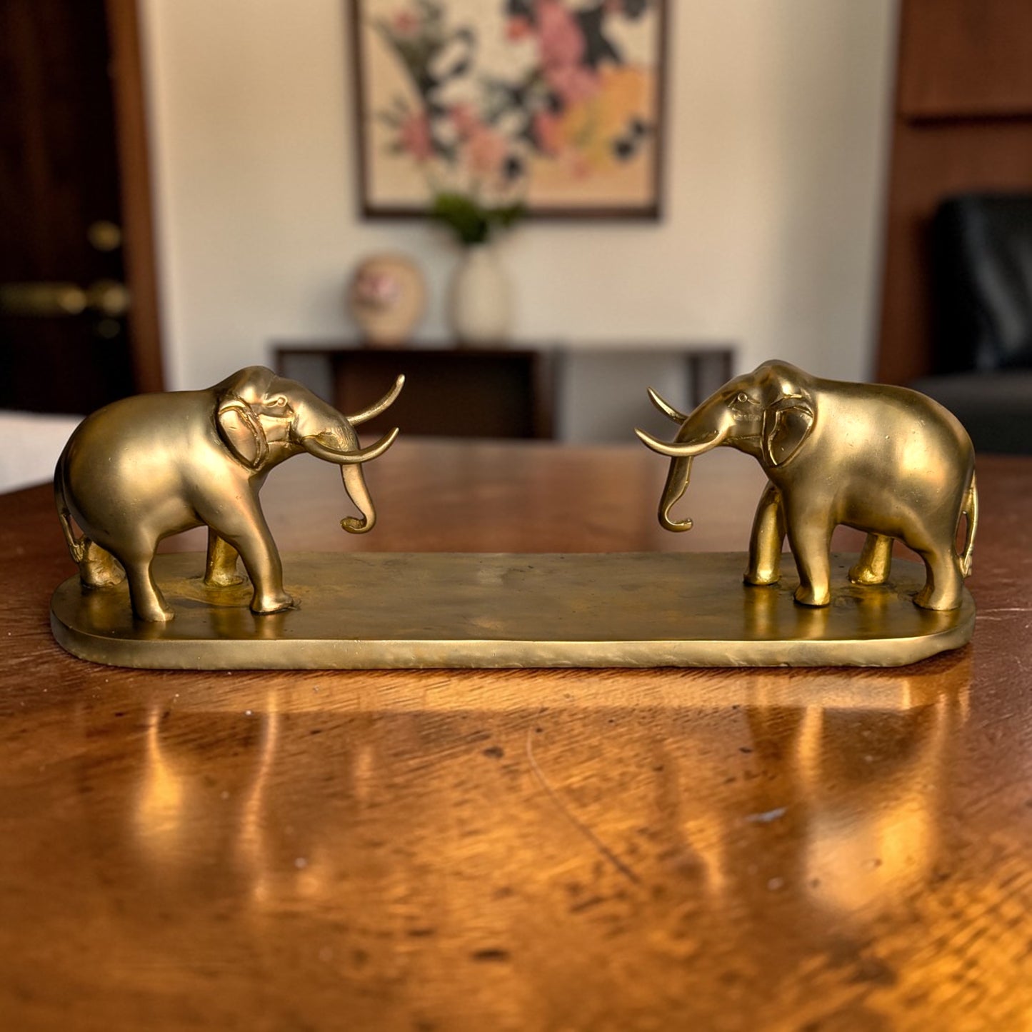 Brass Elephant Pair on Base – Decorative Brass Showpiece for Home