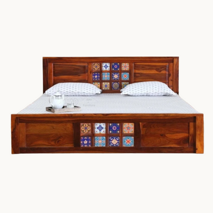 Thar Arts And Furniture - Solid Sheesham Wood King Size Bed with Tiles Finish