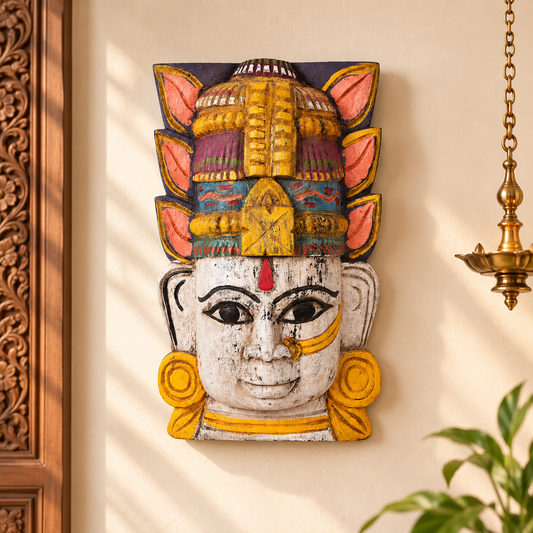 Handcrafted Wooden Lakshmi Face – Traditional Painted Decor