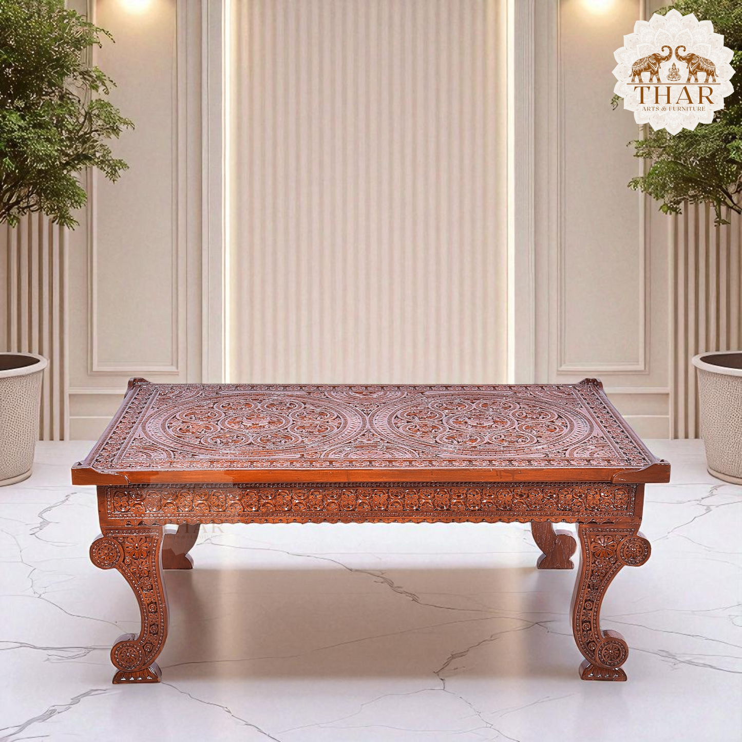 Thar Arts And Furniture - Teak Wood Hand Carved Coffee Table with Glass