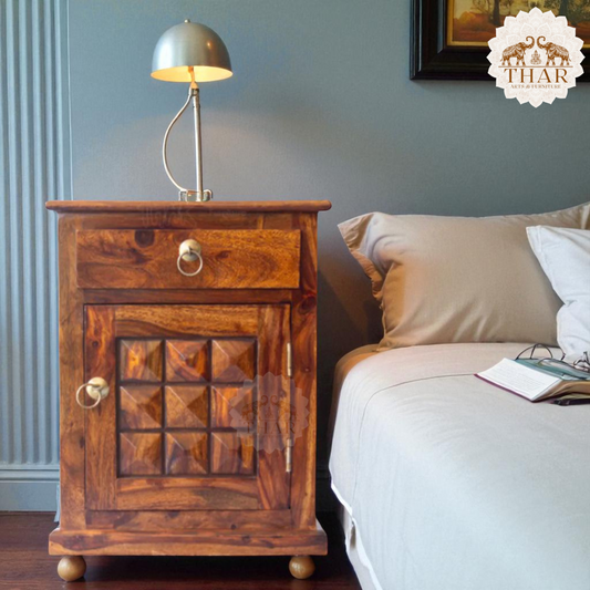 Thar Arts And Furniture - Sheesham Bedside with storage and checkerbox design