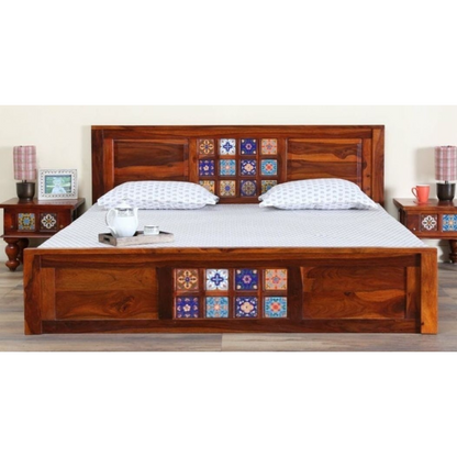 Thar Arts And Furniture - Solid Sheesham Wood King Size Bed with Tiles Finish