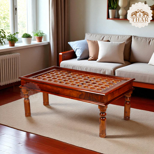 Thar Arts And Furniture - Sheesham wood Hand carved ( Brass Art Work ) Coffee Table with glass