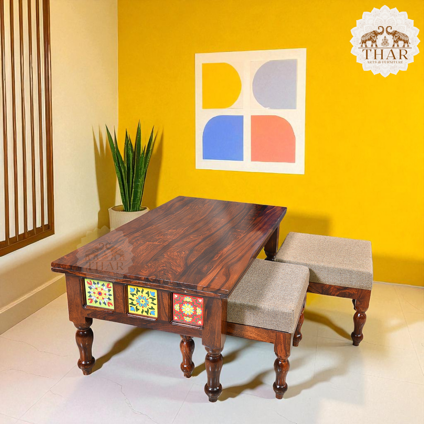 Thar Arts And Furniture - Solid Sheesham Wood  Coffee Table with Tile