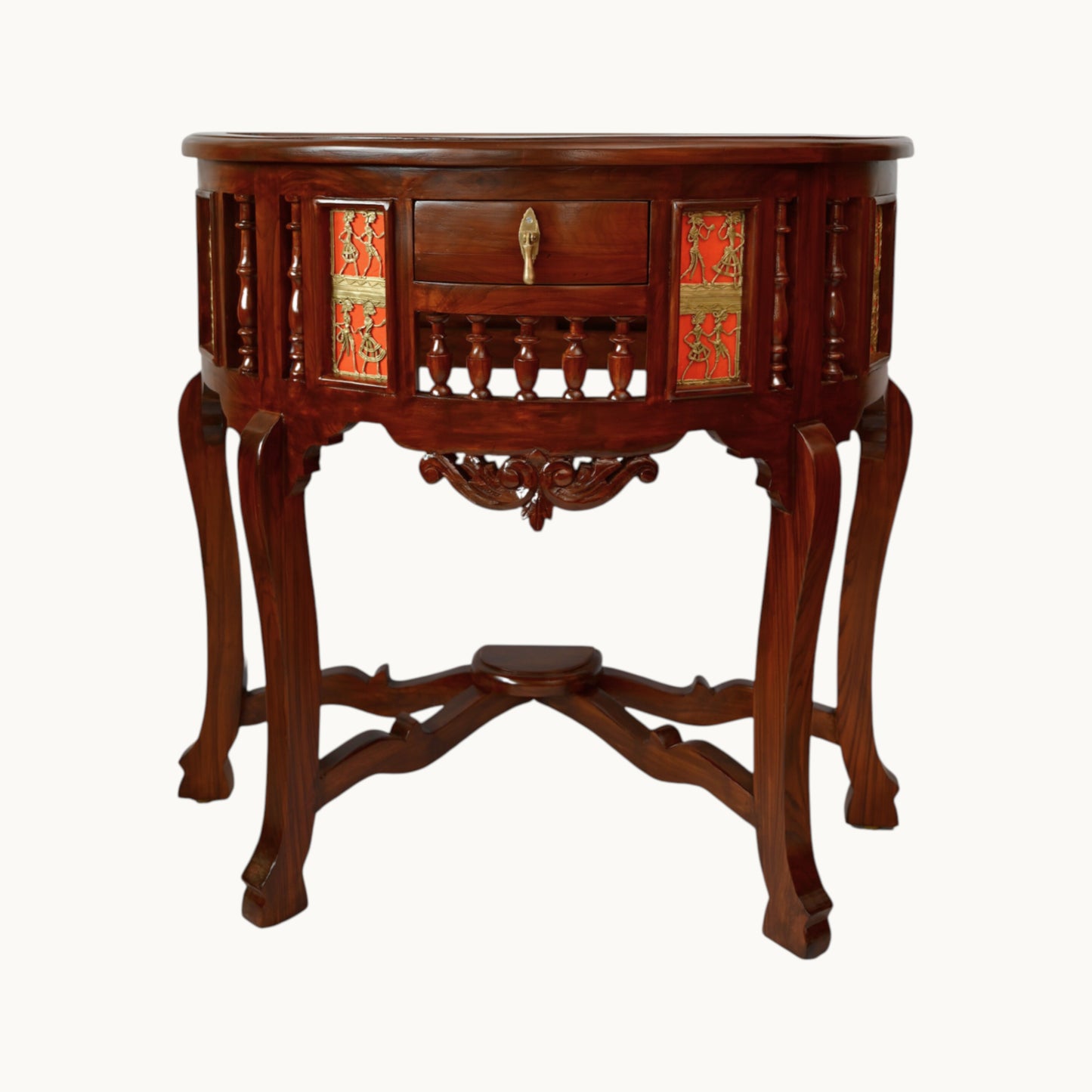 Thar Arts And Furniture - Solid Teak Wood D shaped Console Table with Dhokra and Warli Art