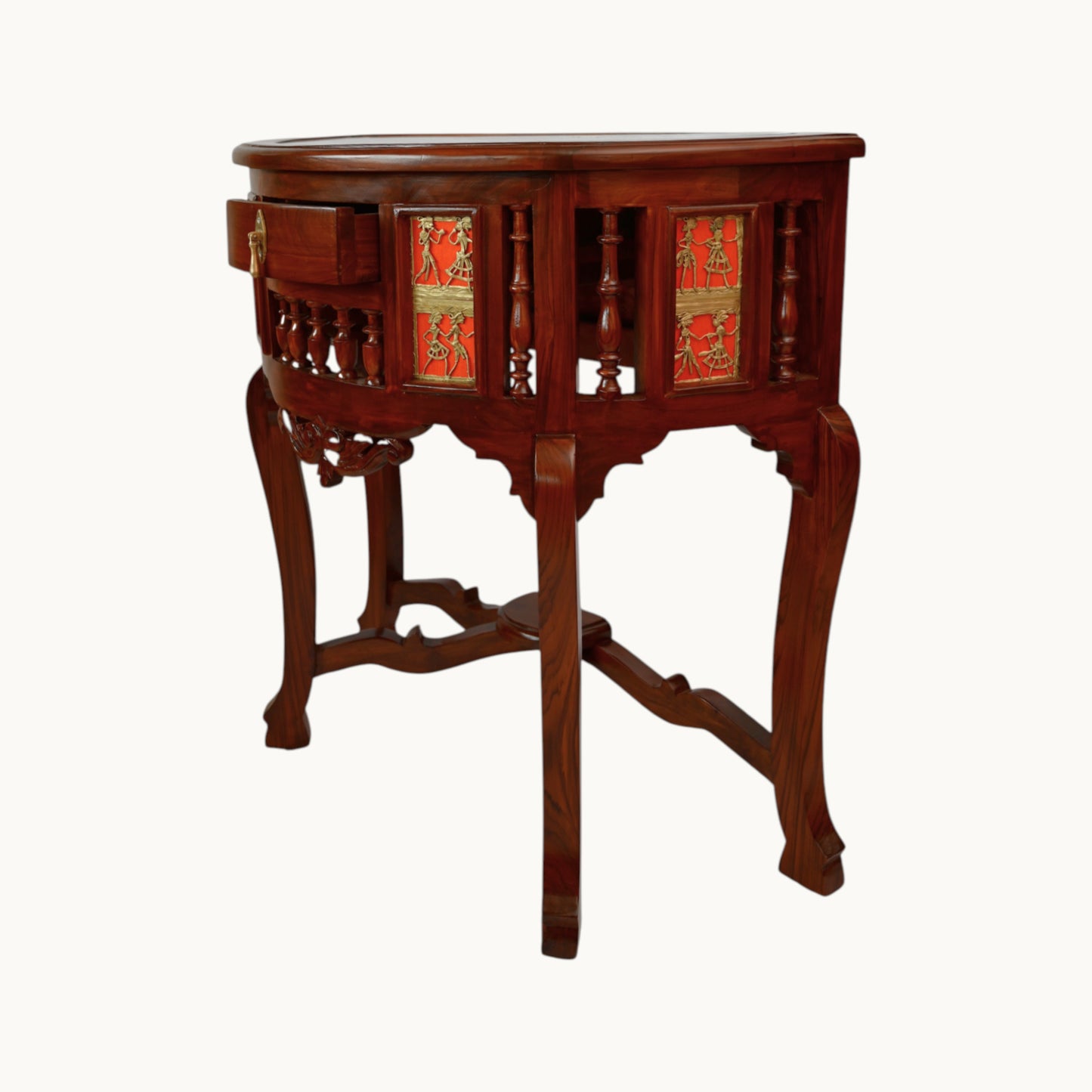 Thar Arts And Furniture - Solid Teak Wood D shaped Console Table with Dhokra and Warli Art