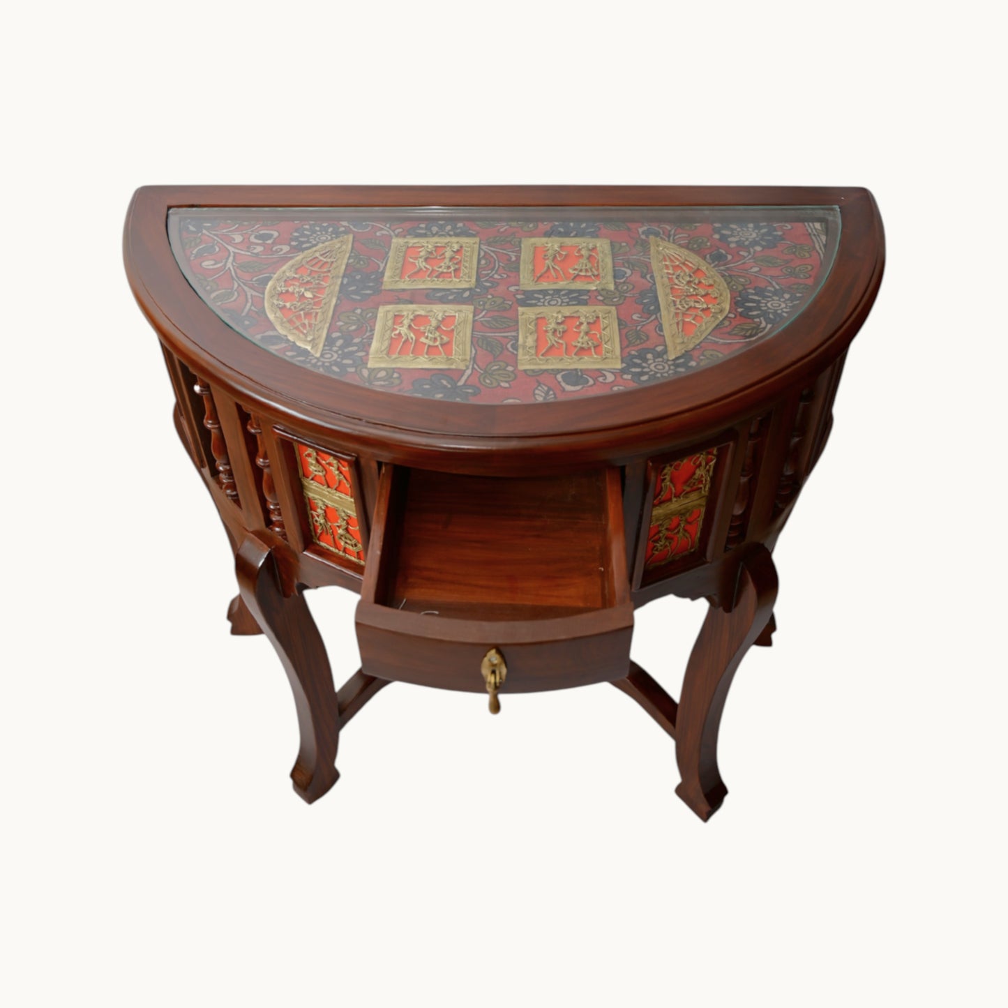 Thar Arts And Furniture - Solid Teak Wood D shaped Console Table with Dhokra and Warli Art