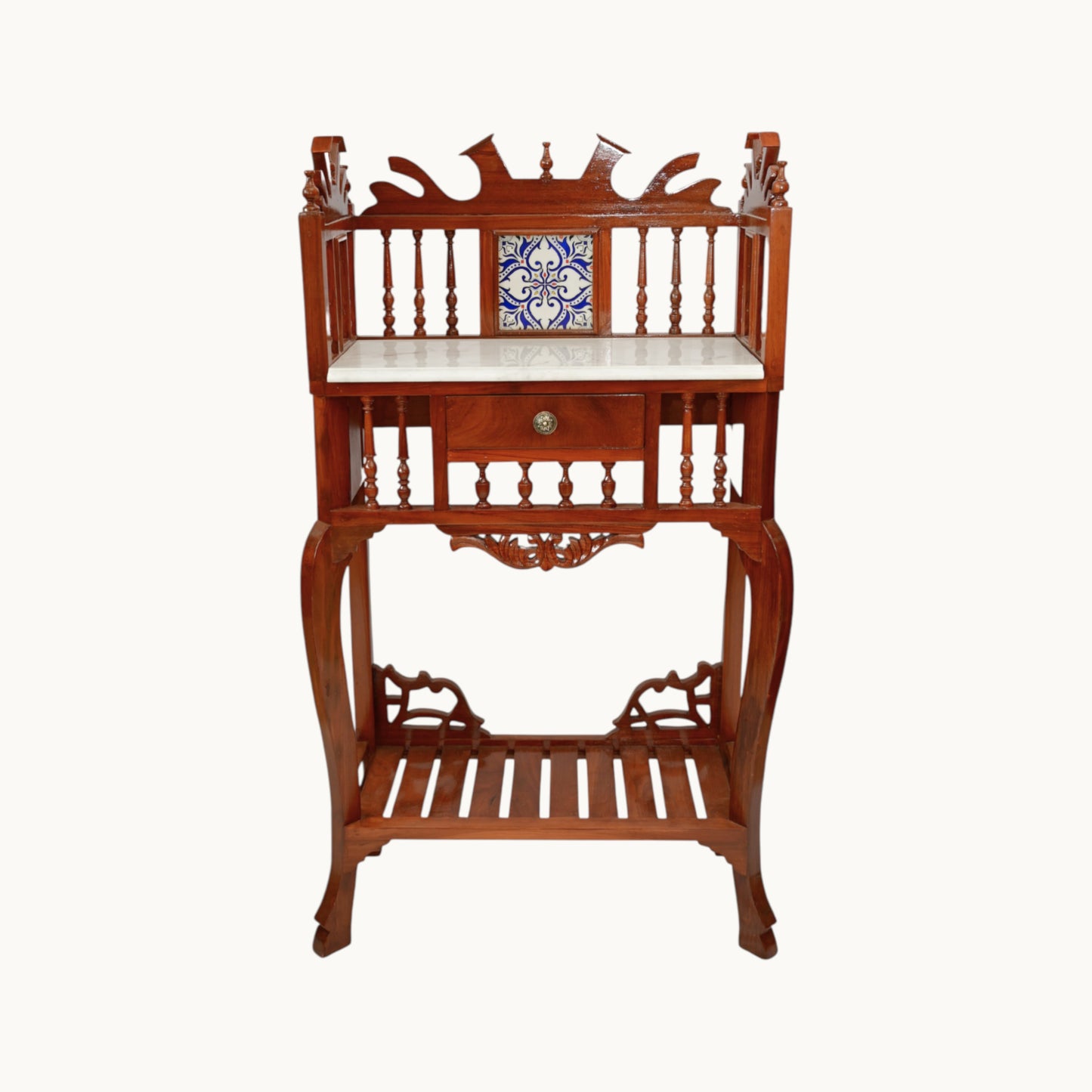 Thar Arts And Furniture - Solid Teak Wood Antique Look Traditional Console Table with Marble Top, Lacquer Finish Honey Brown