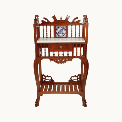 Thar Arts And Furniture - Solid Teak Wood Antique Look Traditional Console Table with Marble Top, Lacquer Finish Honey Brown