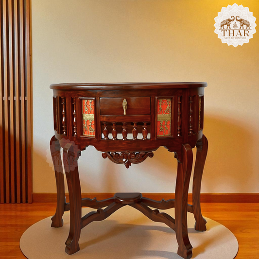 Thar Arts And Furniture - Solid Teak Wood D shaped Console Table with Dhokra and Warli Art