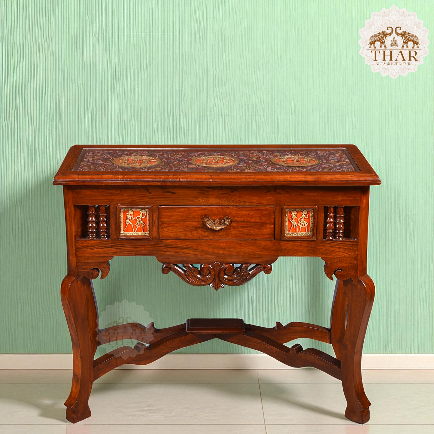 Thar Arts And Furniture -Teak Wood Console Table with Antique look Dhokra and Warli Art