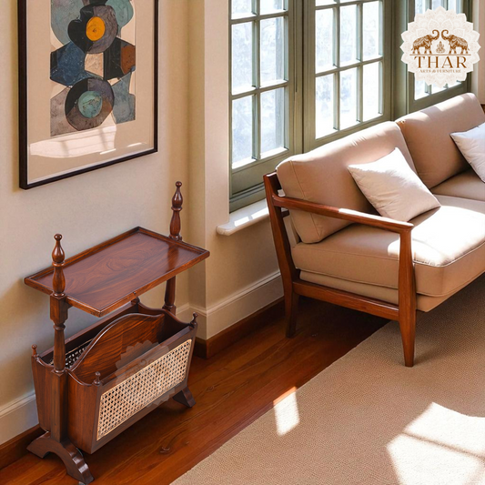 Thar Arts And Furniture - Teakwood Antique Style and Finish Magazine rack with Cane Work ( Rattan )