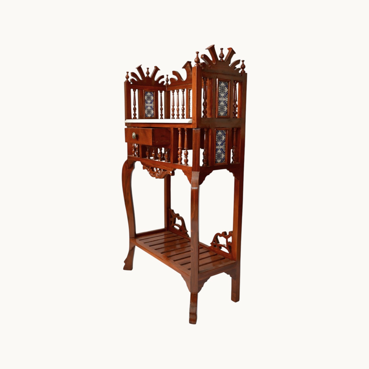 Thar Arts And Furniture - Solid Teak Wood Antique Look Traditional Console Table with Marble Top, Lacquer Finish Honey Brown
