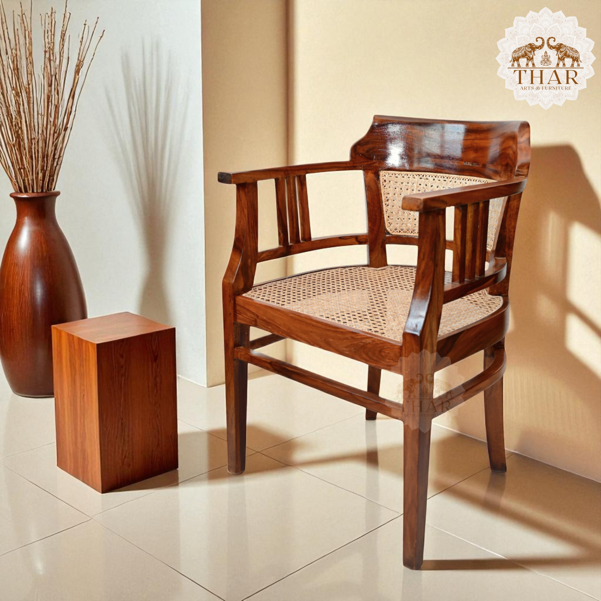 Solid Sheesham Wood Arm Chair with Cane Finish – Comfortable