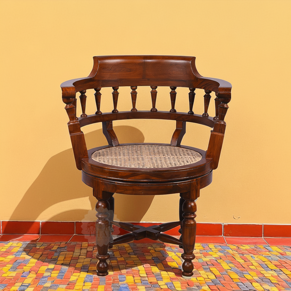 Revolving Chair Tools Antique-Style Teak Wood Revolving Chair with Cane Finish – Swivel Seat ...