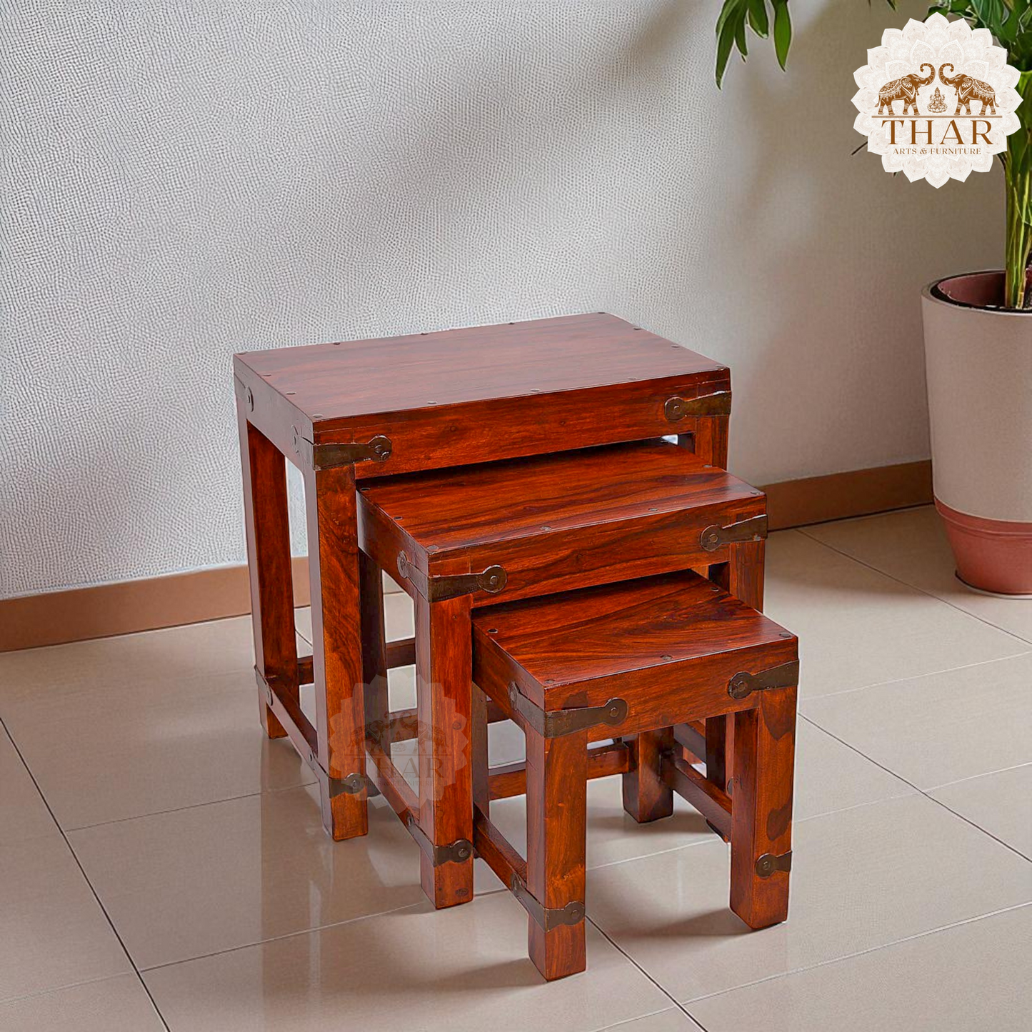 Thar Arts And Furniture - Nesting Stool Set of 3 pcs Corner Metal Belt Finish