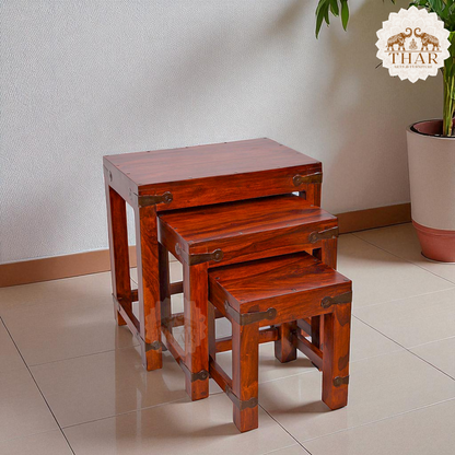 Thar Arts And Furniture - Nesting Stool Set of 3 pcs Corner Metal Belt Finish