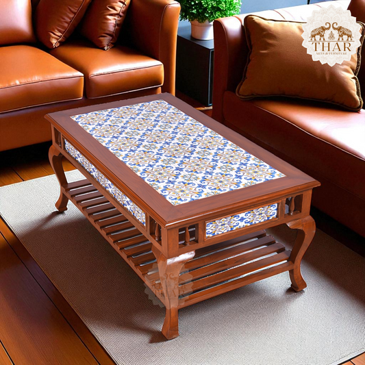Thar Arts And Furniture - Teak Wood Rectangular Shaped Carved Coffee Table with tile finish