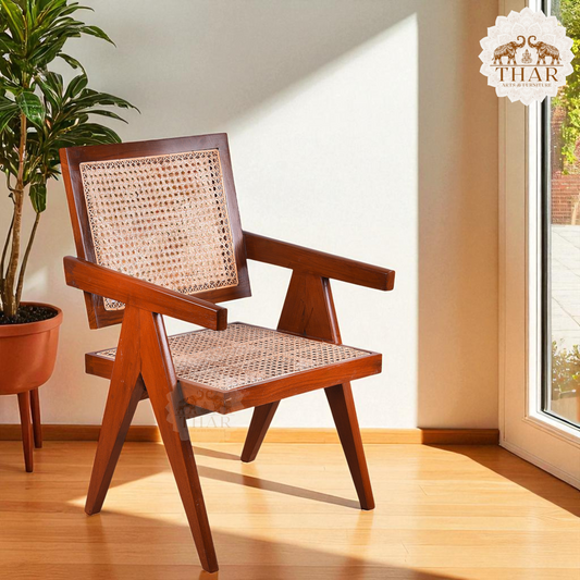 Thar Arts And Furniture - Teak wood Chair with armrest and cane finish ( Rattan )