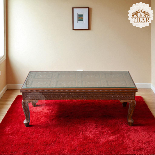 Thar Arts And Furniture - Carving Coffee Table with glass