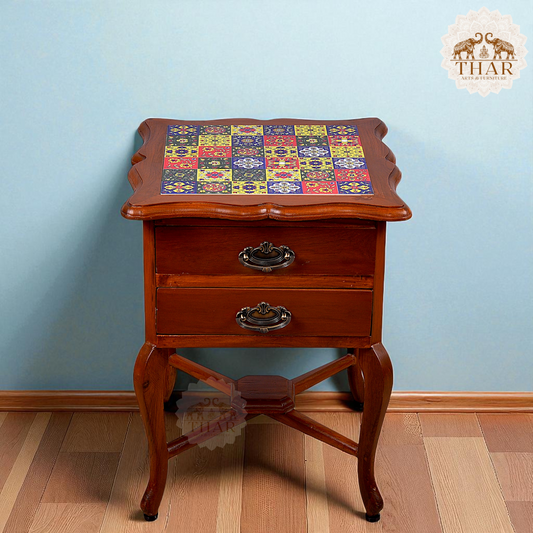 Thar Arts And Furniture - Teak wood Side Table with 2 teir Storage and Tile Finish