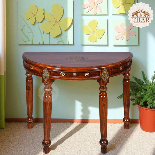 Thar Arts And Furniture - Solid Sheesham Wood Console Half Round with Brass Work Inlay Design