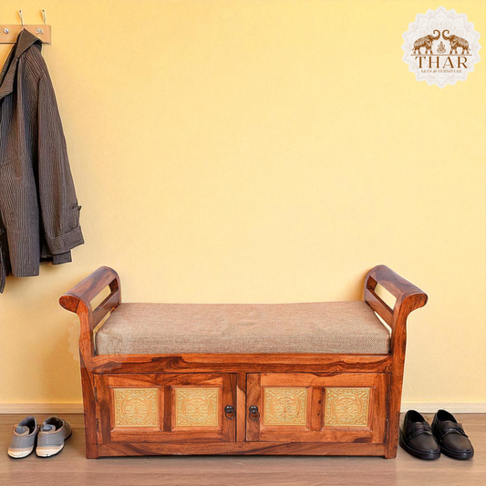 Thar Arts And Furniture - 2 Seater Sheesham wood shoe rack with storage