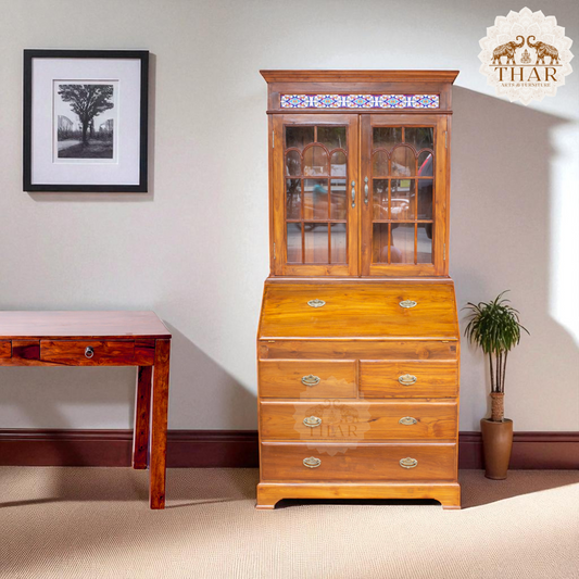 Thar Arts And Furniture - Solid Teak Wood Foldable Writing / Study Table with Storage Drawers and Glass Cabinet