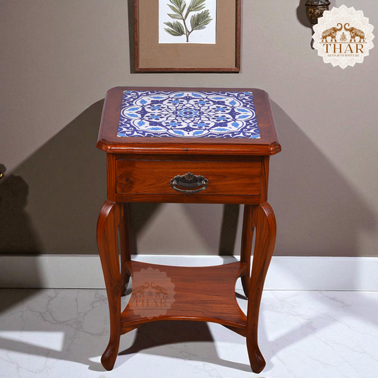 Thar Arts And Furniture - Teak wood Side Table with Tile
