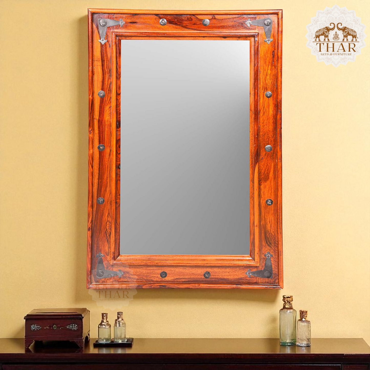 Thar Arts And Furniture - Sheesham wood Frame Wall Mirror Hanging Glass for Living Room ( Brown )