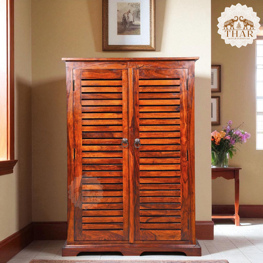 Thar Arts And Furniture - Solid Sheesham wood 2 Door Shoe Cabinet with Shelf Storage, Honey Finish