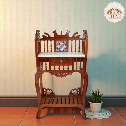 Thar Arts And Furniture - Solid Teak Wood Antique Look Traditional Console Table with Marble Top, Lacquer Finish Honey Brown