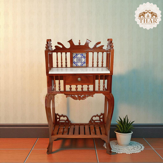 Thar Arts And Furniture - Solid Teak Wood Antique Look Traditional Console Table with Marble Top, Lacquer Finish Honey Brown