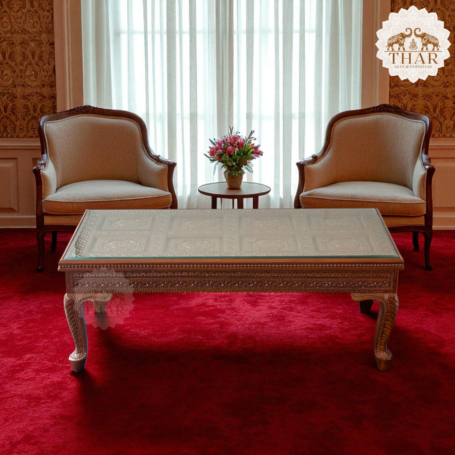 Thar Arts And Furniture - Carving Coffee Table with glass