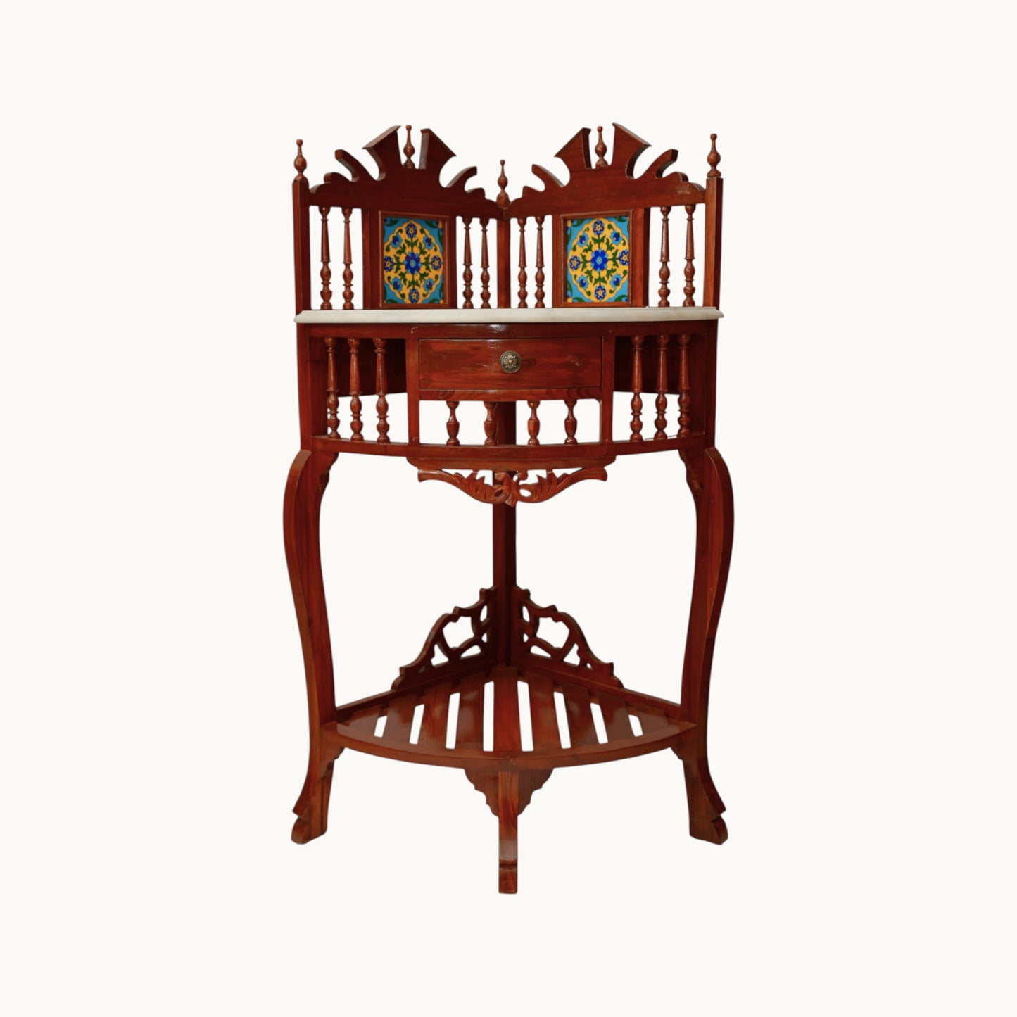 Thar Arts And Furniture - Solid Teak Wood Antique Look Traditional Corner Console Table with Marble Top, Lacquer Finish Honey Brown