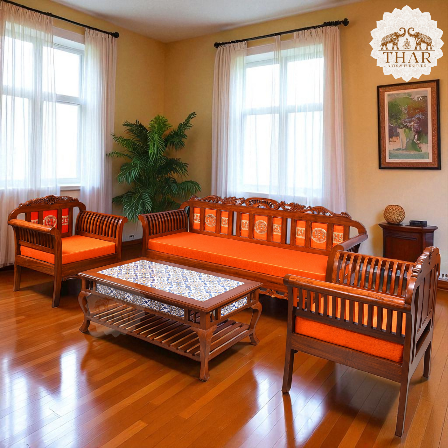 Thar Arts And Furniture - Teak Wood Rectangular Shaped Carved Coffee Table with tile finish