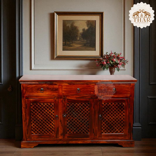 Thar Arts And Furniture - Solid Sheesham wood Side board with 3 Door Storage Cabinet and 3 Storage Drawers, Honey Finish