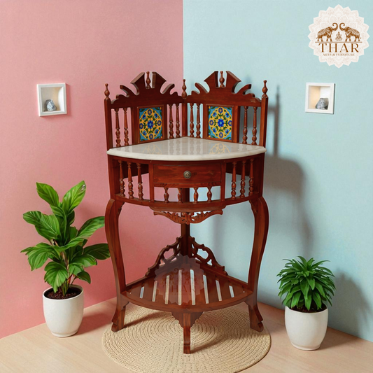 Thar Arts And Furniture - Solid Teak Wood Antique Look Traditional Corner Console Table with Marble Top, Lacquer Finish Honey Brown