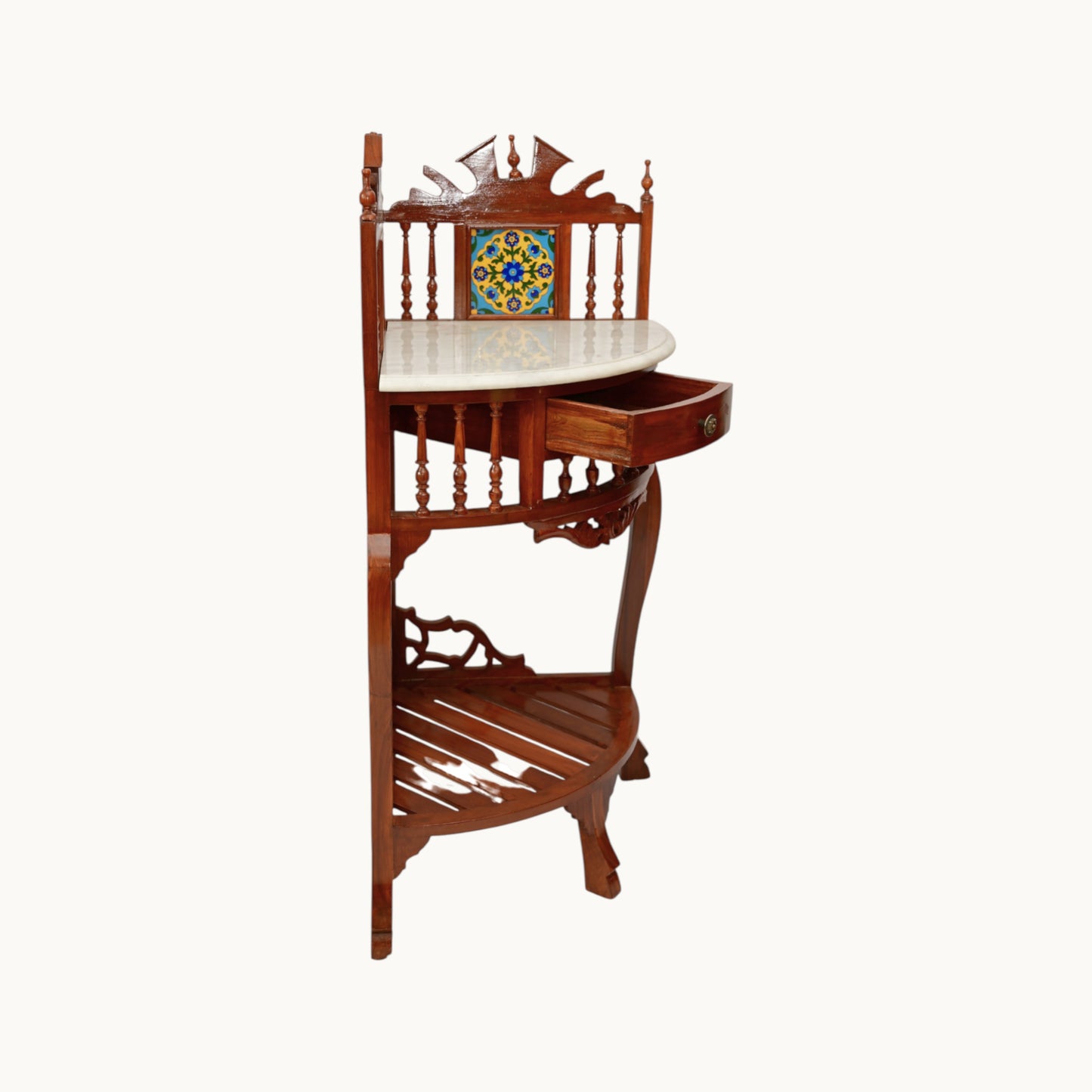 Thar Arts And Furniture - Solid Teak Wood Antique Look Traditional Corner Console Table with Marble Top, Lacquer Finish Honey Brown