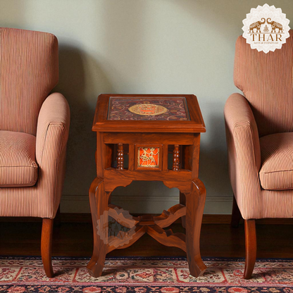Thar Arts And Furniture - Teak Wood Side Table with Dhokra and Warli Art ( Walnut )