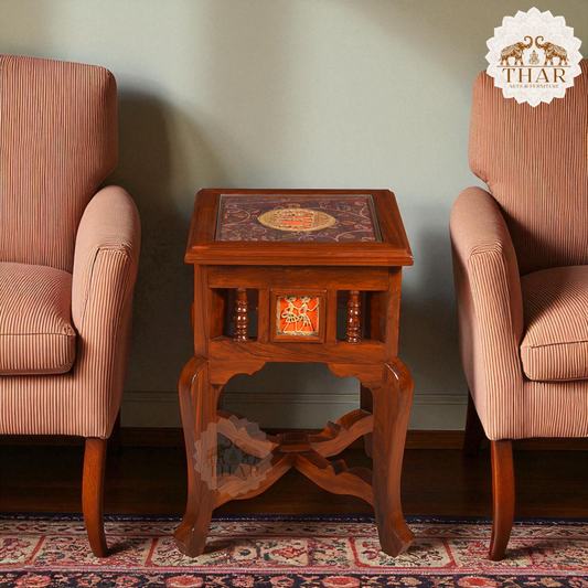 Thar Arts And Furniture - Teak Wood Side Table with Dhokra and Warli Art ( Walnut )