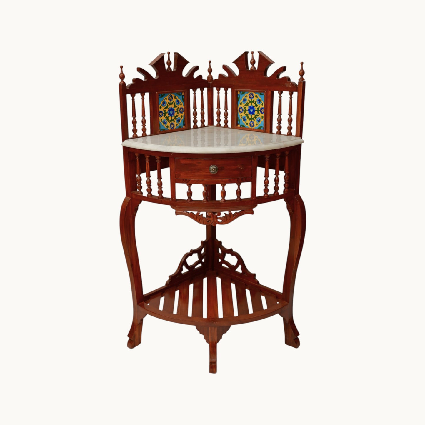 Thar Arts And Furniture - Solid Teak Wood Antique Look Traditional Corner Console Table with Marble Top, Lacquer Finish Honey Brown