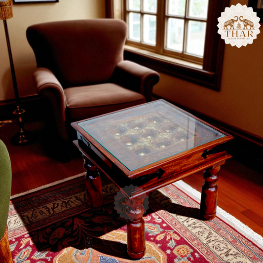 Thar Arts And Furniture - Solid Sheesham Wood Side Table with Brass Art and finish