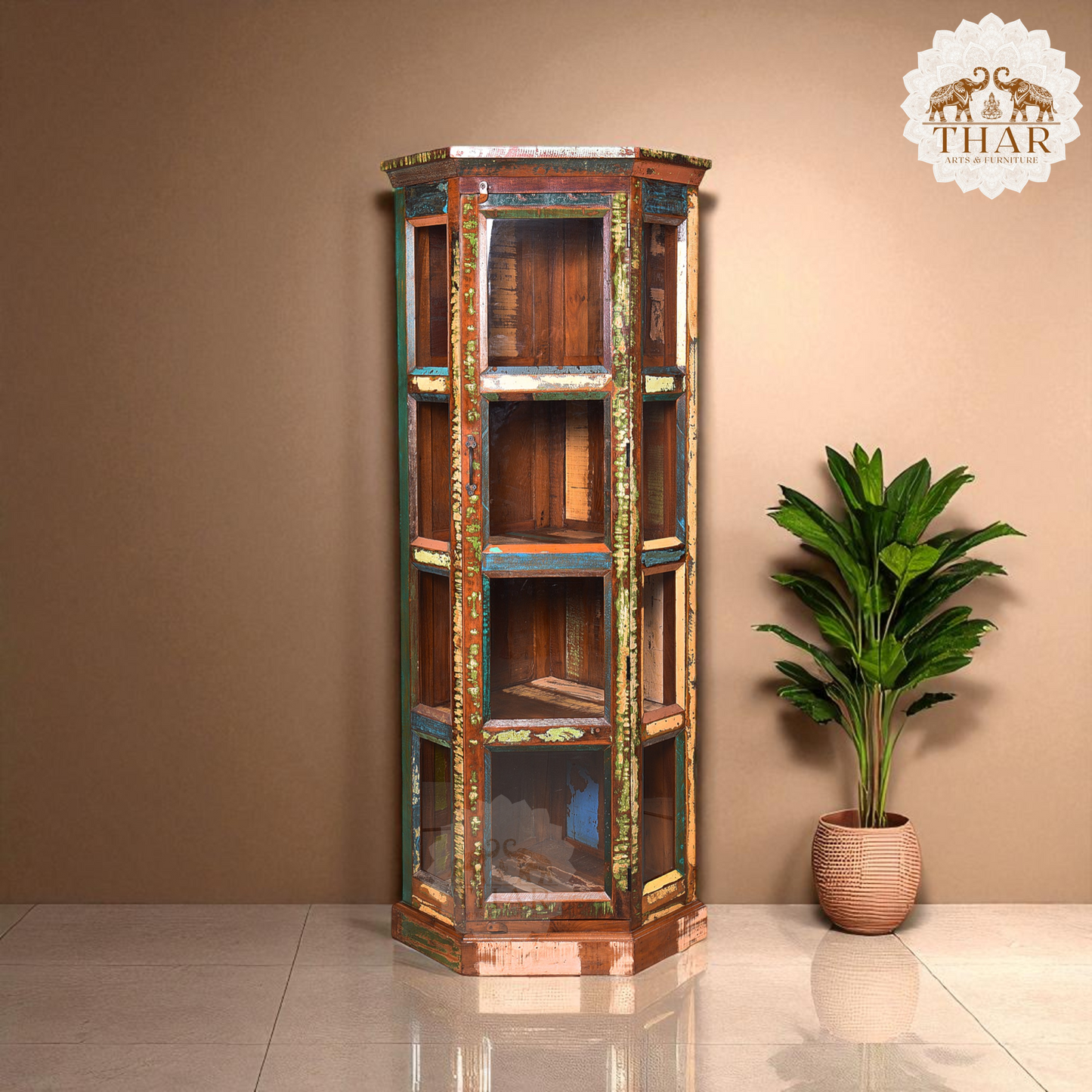 Thar Arts And Furniture - Rustic / Distress finish Glass Corner Showcase / Cabinet