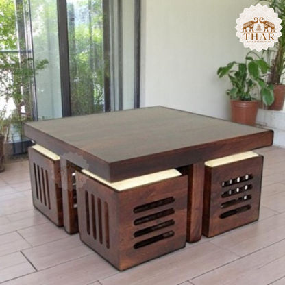 Thar Arts And Furniture - Sheesham Wood 4 Seater Coffee Table with Stool Set