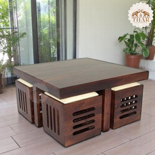 Thar Arts And Furniture - Sheesham Wood 4 Seater Coffee Table with Stool Set