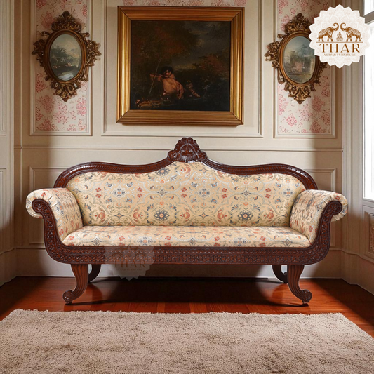 Thar Arts And Furniture - Traditional Sofa, Carved Wooden Frame, Floral Upholstery, Brown Wood Diwan/Couch for Living Room