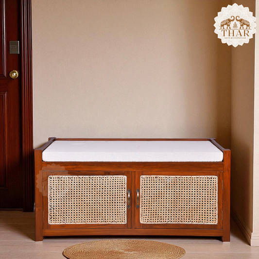 Thar Arts And Furniture - Teakwood Shoe Rack/ Bench with Cushion, 2 Door Storage Shelf and Cane Finish ( Rattan )