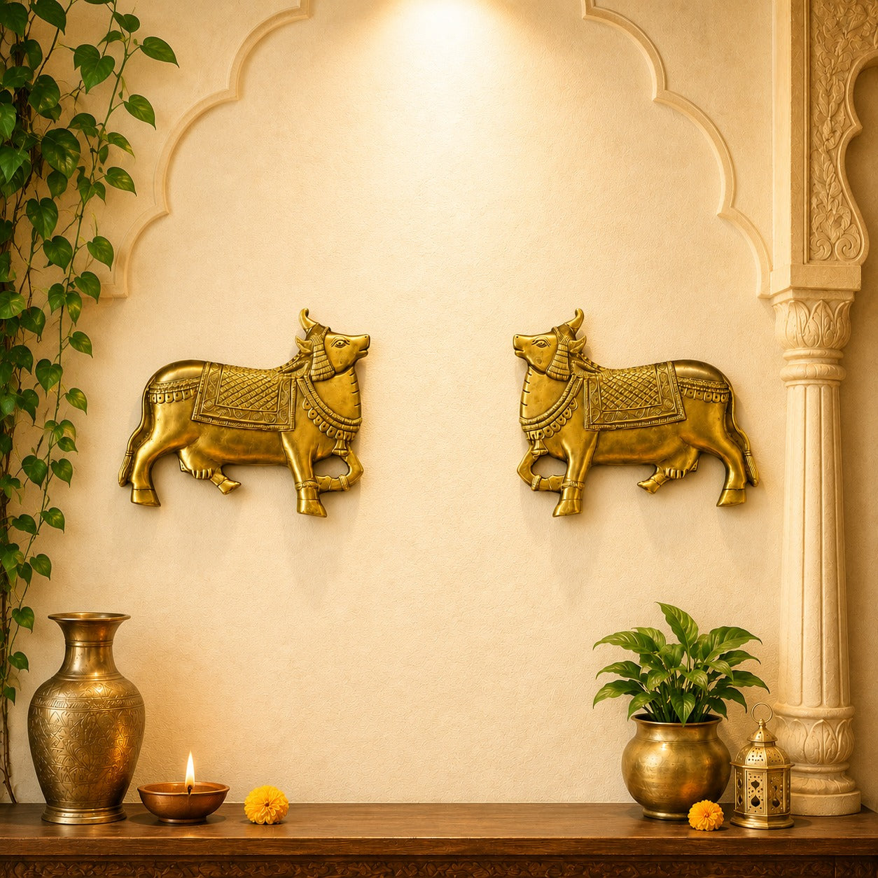 Brass Cow Pair Wall Decor (Kamdhenu) – Decorative Brass Wall Hanging