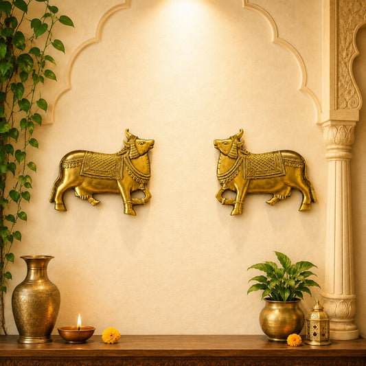 Brass Cow Pair Wall Decor (Kamdhenu) – Decorative Brass Wall Hanging
